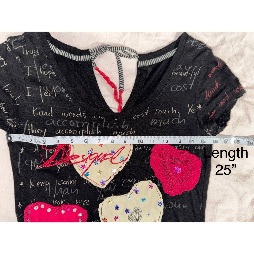 Desigual patchwork heart embroidered rhinestone tie back shirt sleeve black top - Picture 9 of 9